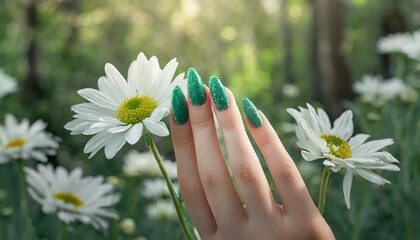 Glamour woman hand with shiny green color nail polish manicure on fingers near camomile flower
