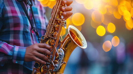 Obraz premium Close-up of hands on a saxophone with warm bokeh lights.
