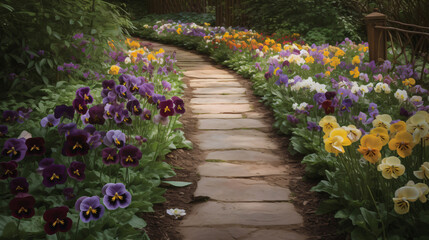 pathway lined with Pansies in full bloom during the spring season. 