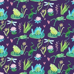 Cute, watercolor pattern with a frog and lilies of the valley on a blue background. Watercolor illustration of a seamless pattern in a cartoon style. Forest plants and frogs kids background.