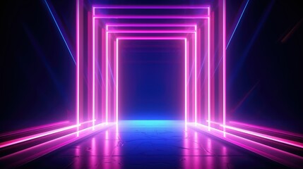 3d abstract neon background, square arch, pink blue glowing lines, futuristic gates construction 