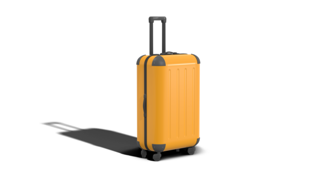 Travel concept. Big yellow travel suitcase, png file of isolated cut out object with shadow on transparent background. 3d illustration