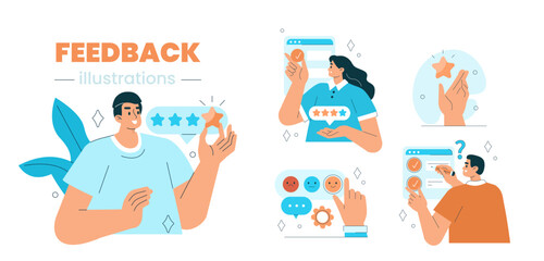 Feedback and review concept set. Collection of characters giving positive feedback and filling survey form. Rating scale and customer satisfaction. Vector illustration.