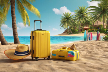 Suitcases and hat on the sandy beach. 3d rendering