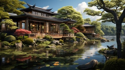 A traditional Japanese tea house in a serene garden
