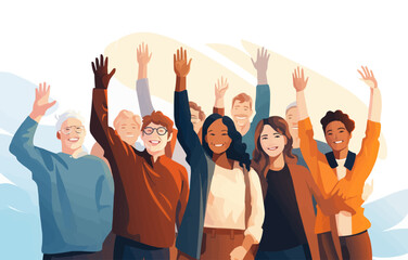 Fototapeta premium Diverse multicultural group of people waving and smiling, vector illustration
