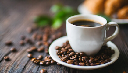 Steaming cup of coffee on rustic background, representing caffeine energy and warmth