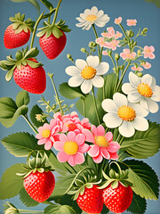 Fototapeta na wymiar Strawberries and strawberry blossom on a blue background.