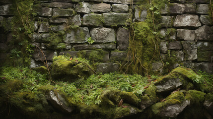 old stone wall adorned with lush moss.