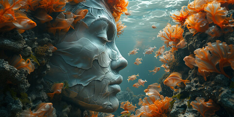 Gesicht im Meer als Statue künstlerisch integriert Nahaufnahme, ai generativ - obrazy, fototapety, plakaty