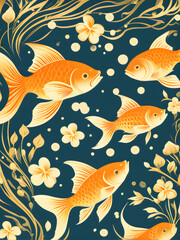 Fototapeta premium Seamless pattern with gold fishes on blue background. 