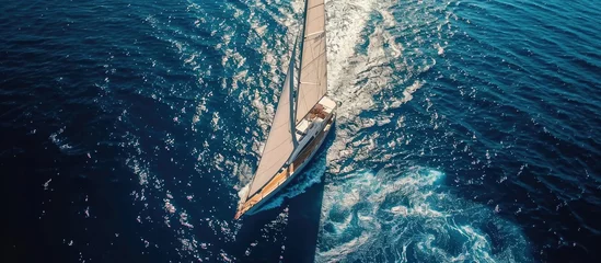 Zelfklevend Fotobehang Video of yacht sailing on an open sea from above on a windy day. © 2rogan