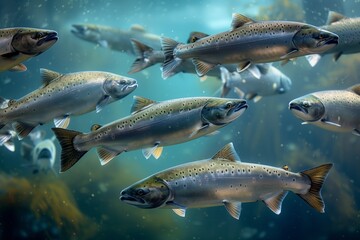 Group of salmon fish in the sea, fish farm