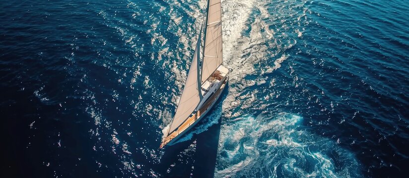 Video of yacht sailing on an open sea from above on a windy day.