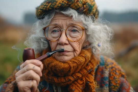 A fashionable elderly woman smokes a pipe on the street in autumn