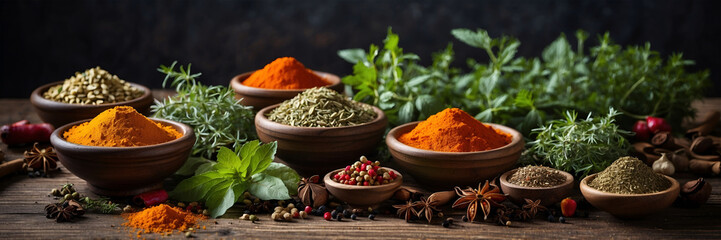 Different seasonings in cups. Spice background on the table, Colorful spices and peppers in wooden 