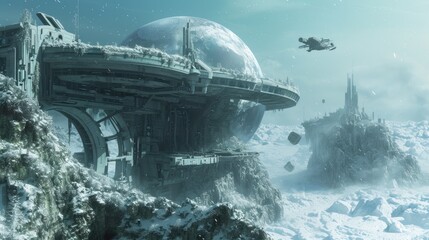 A futuristic space station sprawls across a harsh icy landscape, with a spacecraft approaching under the watchful gaze of a distant planet. Resplendent. - obrazy, fototapety, plakaty