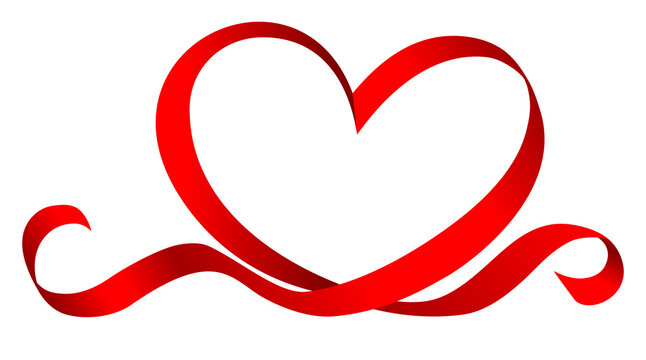 Stylized heart made of red or pink ribbon isolated on white background