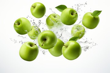 green apples in the air. falling fruits and a splash of juice and liquid. white background.