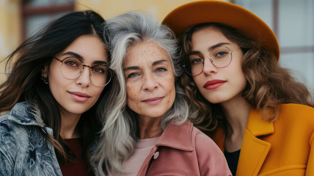 Three women of different generations and different nationalities looking at camera.

