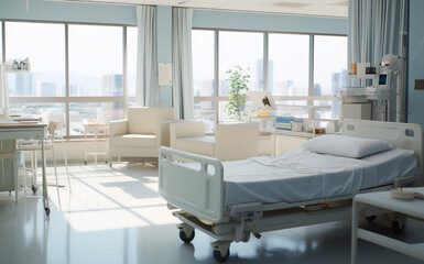 Fototapeta na wymiar Hospital room with beds and comfortable medical equipped, white ward interior with modern bed hospital in the style of the future
