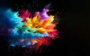 The cloud of glowing color powder on black background, abstract color powder explosion on black background.