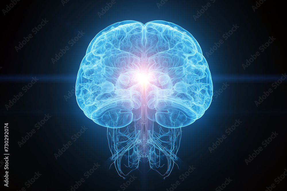 Poster artificial intelligence brain network, futuristic hologram of brain on black background and glowing 