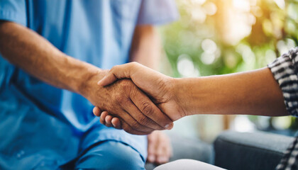 nurse extends support, holding patient's hand, symbolizing compassion and reassurance in medical care - obrazy, fototapety, plakaty