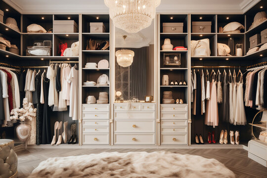 interior of a luxury female wardrobe full of expensive dresses, shoes and other clothes. Luxury walk in closet, dressing room with lighting and jewel display.
