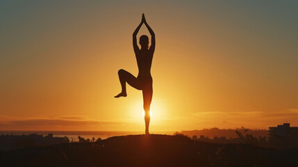 Silhouette imagery of yoga poses at sunrise, emphasizing physical activity as a method to treat mental health issues