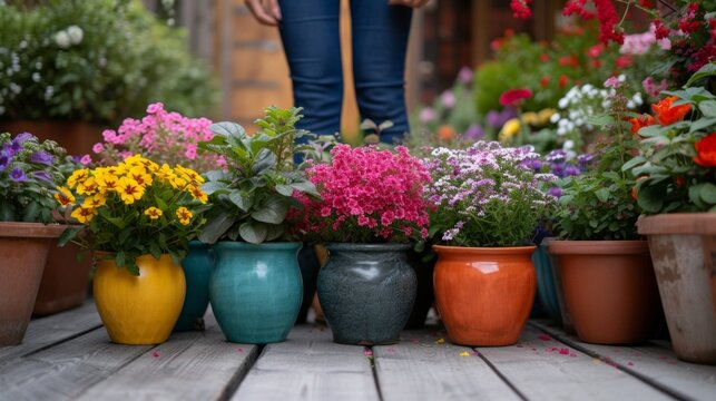 A committed garden enthusiast arranging colorful potted plants on a picturesque patio