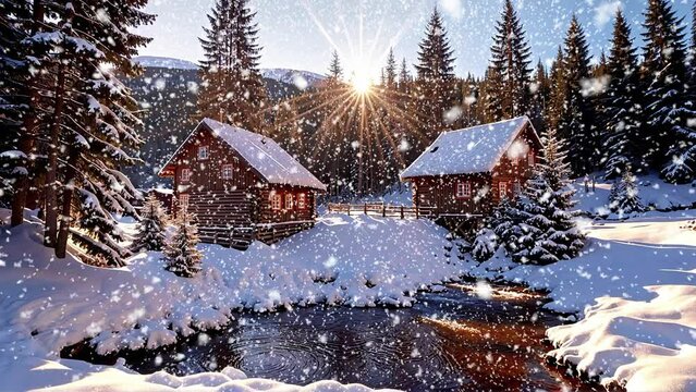 collage of 10 looping videos - cinemagraphs lasting 5 seconds on the theme of a winter mountain landscape with snowfall
