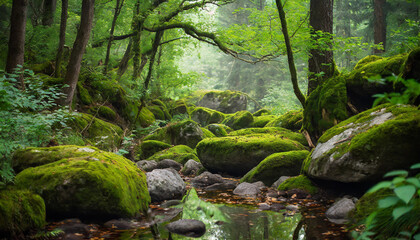 Fototapeta na wymiar Enchanting forest scene with lush green moss covering rough stones, creating a serene atmosphere amidst nature's embrace