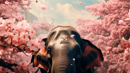 An ornate elephant stands amidst cherry blossoms, a powerful symbol of strength and gentleness in a fantastic setting. Indian festivals and culture. - obrazy, fototapety, plakaty