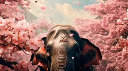 Fotobehang An ornate elephant stands amidst cherry blossoms, a powerful symbol of strength and gentleness in a fantastic setting. Indian festivals and culture. © stateronz