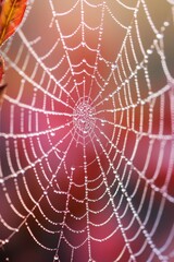 A close-up of a dew-covered spiderweb, showcasing nature's intricate artistry