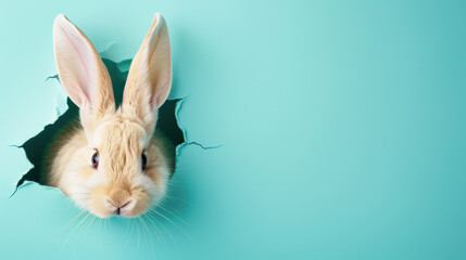 Cute Easter bunny looks out of a hole on a blue background. Abstract concept. Square with copy space.