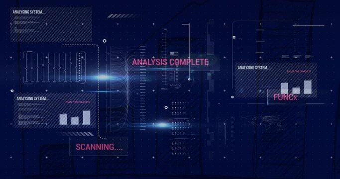 Animation of scanning, analysis complete text and charts processing data on interface screen