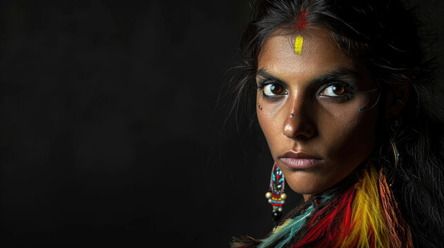 Portrait of a beautiful indigenous woman with painted eyes and feathers in her hair.