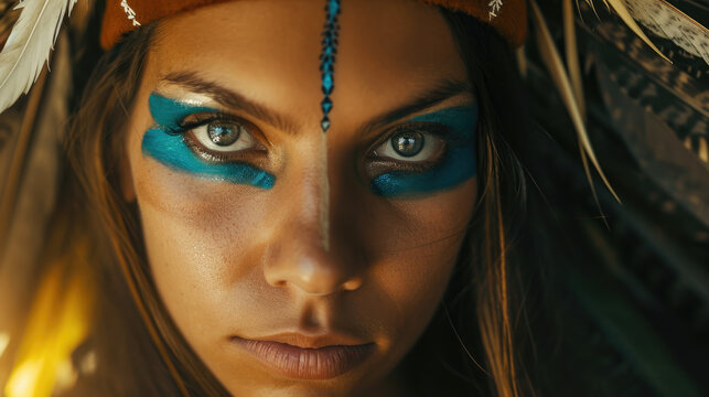 Portrait of a beautiful indigenous woman with painted eyes in traditional style.