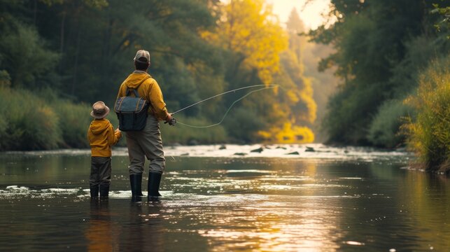 A father and son casting their fishing lines into a peaceful river, surrounded by nature's beauty