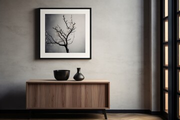 picture and vase over a wooden chest home interior design