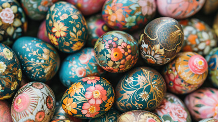 Fototapeta na wymiar Easter eggs are painted with bright patterns in the form of flowers.
