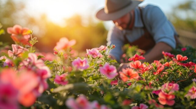 A dedicated gardener meticulously tending to a bed of vibrant flowers under the morning sun