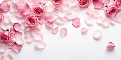 Fototapeta na wymiar Close-up of blooming pink roses and petals on white background. Decorative romantic banner