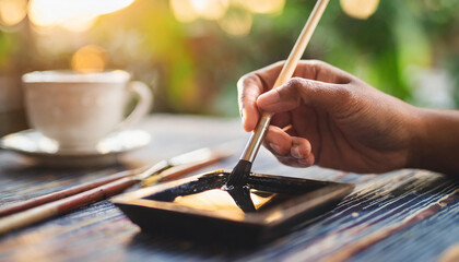 hand holding ink brush, symbolizing creativity and tradition in calligraphy and writing