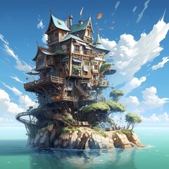 Naklejka premium Howl's Moving Castle on an island in the sea