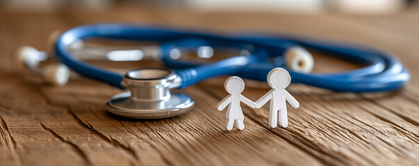 Placed on a wooden table, paper cutouts of a family holding a stethoscope signify the essence of healthcare insurance and medical protection, emphasizing the need for comprehensive health coverage