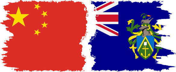 Pitcairn Islands and China grunge flags connection vector