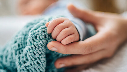 Newborn baby's tiny hand gently folded over adult's hand, symbolizing love, guidance, and new beginnings